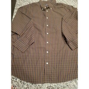 Roundtree & Yorke Mens 2X Plaid Button Down Shirt Brown Navy Orange Long Sleeve